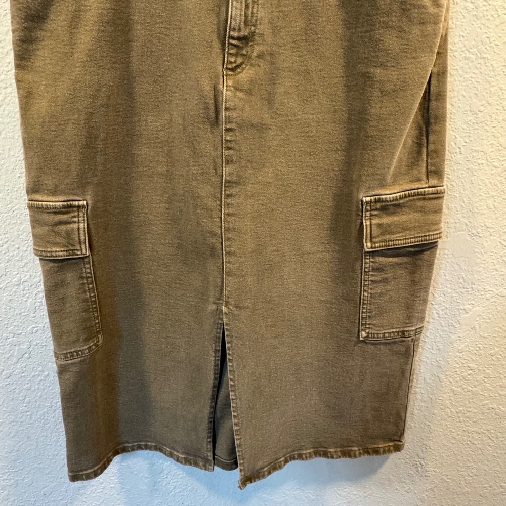 Michael Kors Olive Green Cargo Denim Midi Skirt with Front Slit Size 14 - Picture 3 of 10